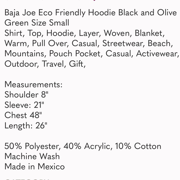 Baja Joe Eco Friendly Hoodie Black and Olive Green Size Small - Picture 3 of 11